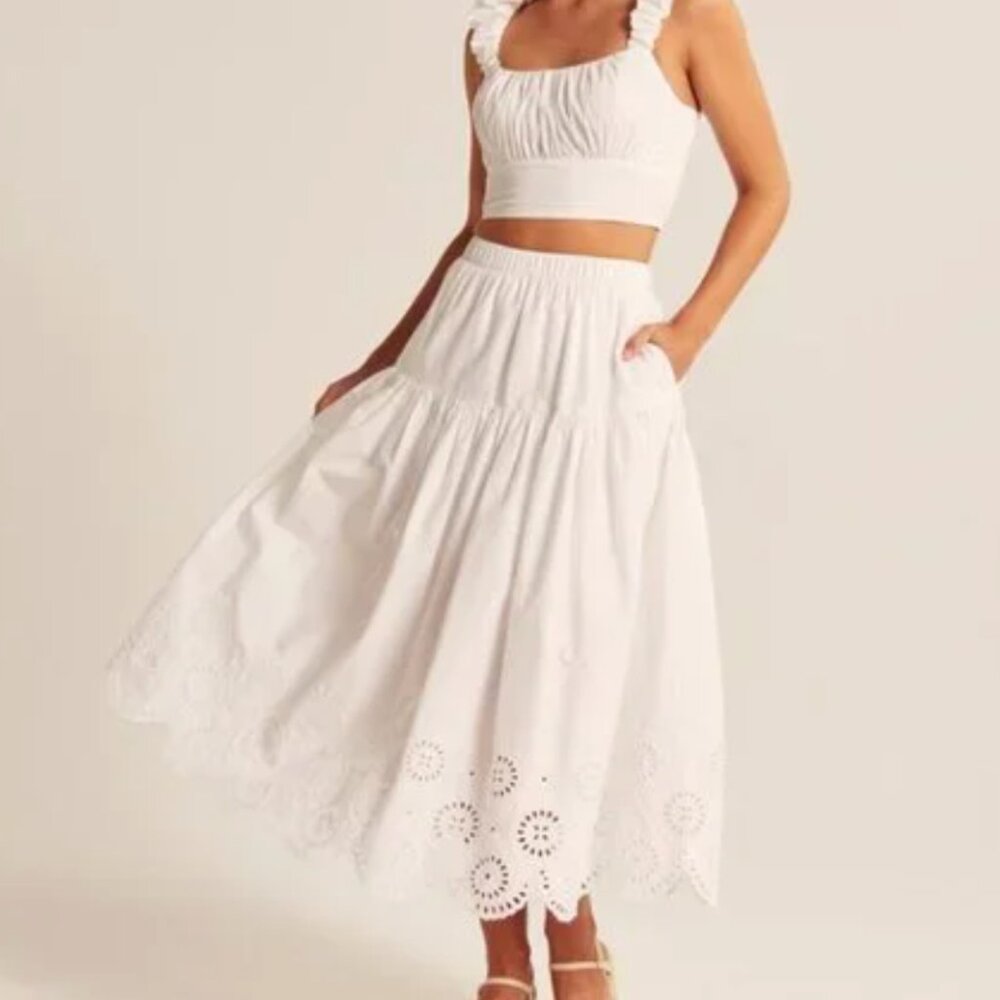 Abercrombie &  Fitch White Eyelet Midi Skirt with Pockets